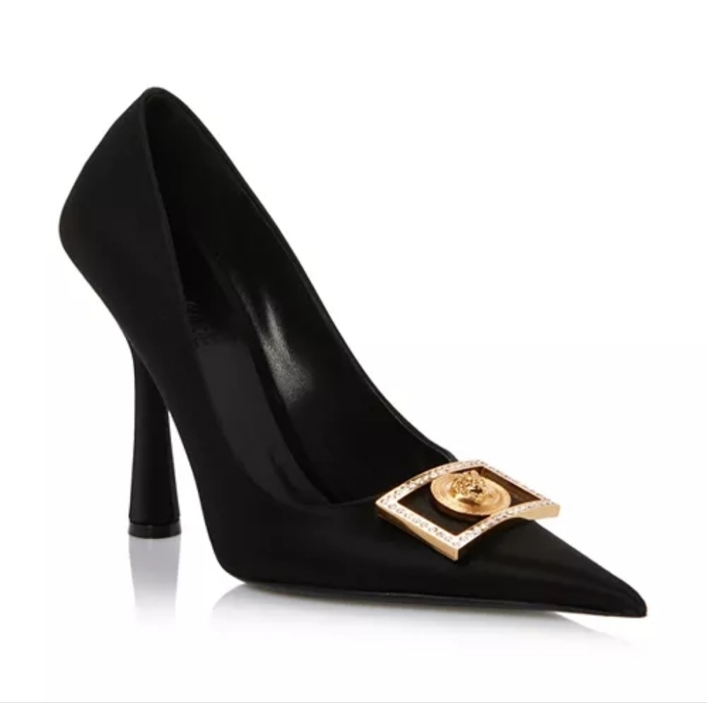 VERSACE Crystal  Medusa Frame Pointed Toe Satin Pumps Black EU 38 US 8 Org $1450